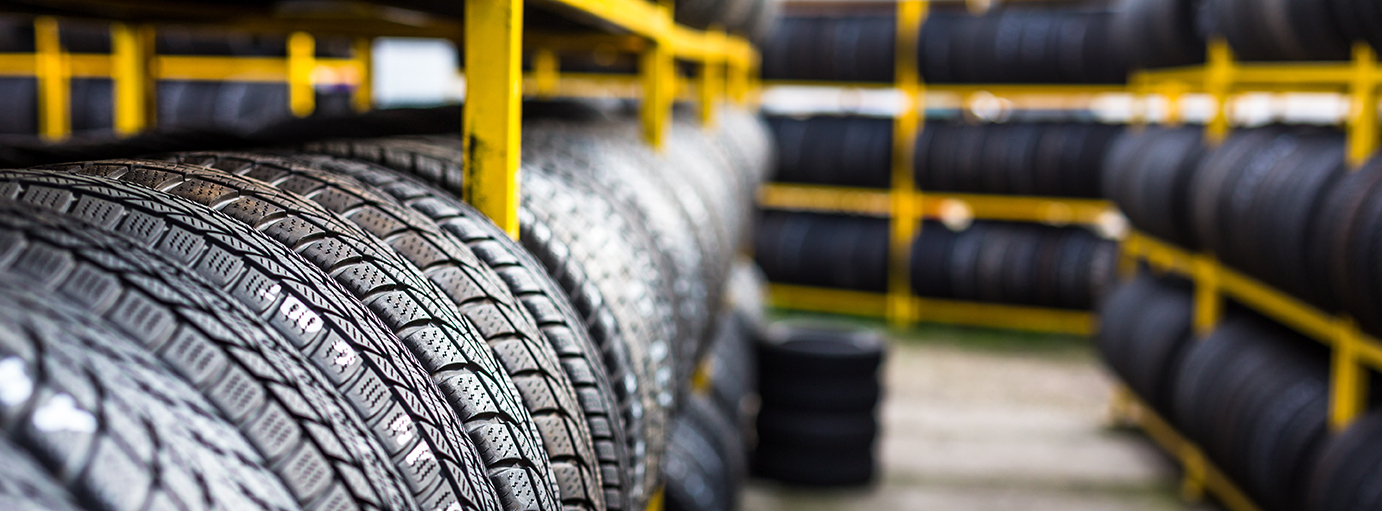 Tires stored on racks